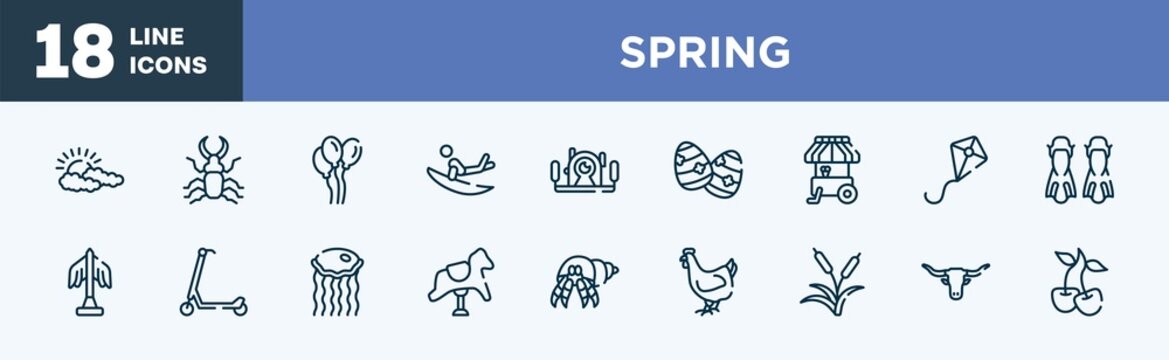 set of spring icons in outline style. spring thin line icons collection. cloudy, stag beetle, balloons, surf, underwater photography, easter egg vector.