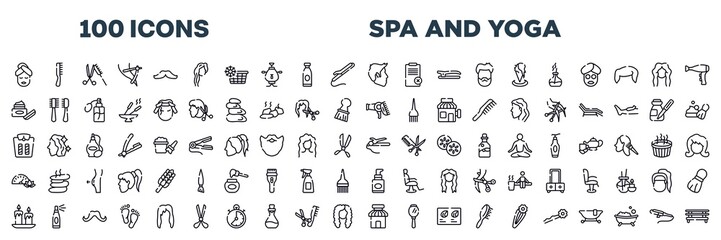 set of spa and yoga icons in editable thin line style. spa and yoga outline icons collection. mustache shape, barefoot, female hair, scissors opened tool, stopclock, essence stock vector.