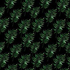 Fototapeta na wymiar Seamless pattern of green tropical palm leaves on a black background. It is well suited for designer wallpaper, fabric printing, wrapping paper, notebooks.
