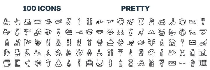 set of pretty icons in editable thin line style. pretty outline icons collection. after shave, hair cut, blush brush, women handbag, big perfume bottle, inclined makeup brush stock vector.