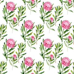  Seamless pattern with watercolor hand-painted exotic flowers of protea and leaves. It is well suited for designer wallpaper, fabric printing, wrapping paper, fabric, laptop covers, notebooks. © Vera