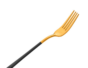 Stylish stainless steel fork on white background
