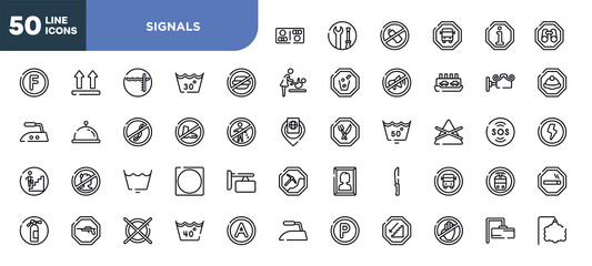 set of signals icons in trendy outline style. signals thin line icons collection. store board, mining work zone, woman portrait, strong knife, school bus stop, tram stop, smoke zone vector.