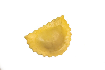 Tasty raw ravioli with flour and spinach on white background, process of making italian ravioli