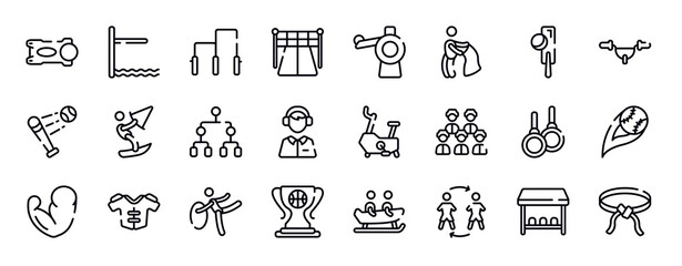 martial arts thin line icons collection. martial arts editable outline icons set. crocket, handlebar, battered ball, kitesurf, playoff, sport commentor stock vector.