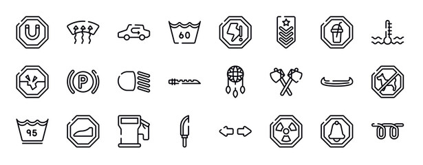 car dashboard signals thin line icons collection. car dashboard signals editable outline icons set. milk shake, engine coolant, road collapse, parking lights, low beam, native american flute stock