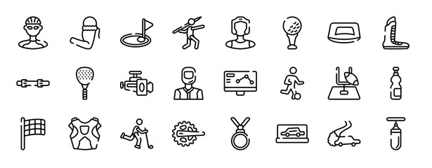 thai boxing thin line icons collection. thai boxing editable outline icons set. push up, boxing shoe, diving belt, padel, horsepower, drivers stock vector.