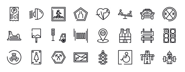 signals set thin line icons collection. signals set editable outline icons set. car frontal view, railroad crossing, baby toilet, uneven, car traffic, zebra crossing stock vector.