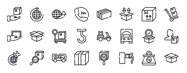 shipping and handly thin line icons collection. shipping and handly editable outline icons set. cardboard box with fragile items, use hand truck, lightweight, delivery package opened, parcel weight,