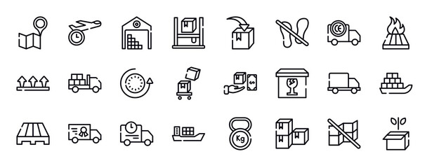 logistics thin line icons collection. logistics editable outline icons set. european conformancy, heat treated wood, this side up, loaded truck, 24 hours, overflow stock vector.