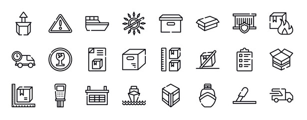 shipping and handly thin line icons collection. shipping and handly editable outline icons set. delivery insurance, flammable box, logistics times, fragile, dispatch note, opened packaged stock