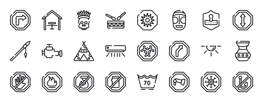 pictograms thin line icons collection. pictograms editable outline icons set. safety code, ahead, native american spear, malfunction indicador, native american wigwam, air condition stock vector.