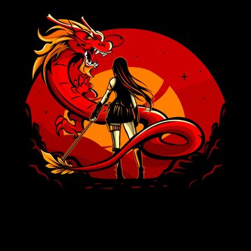 Vector illustration of female swordsman facing a dragon