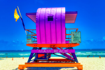 Bay watch tower at South Beach in Miami Beach, Florida, USA.