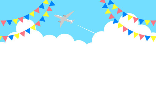 入道雲と飛行機とガーランドの夏背景