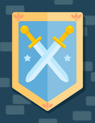 Knight s shield on the castle wall. Vector coat of arms with crossed swords.