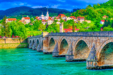 Aerial view over famous Mehmed Pasha Sokolovic Bridge in Visegrad, Bosnia and Herzegovina.