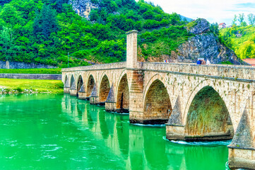 Aerial view over famous Mehmed Pasha Sokolovic Bridge in Visegrad, Bosnia and Herzegovina.