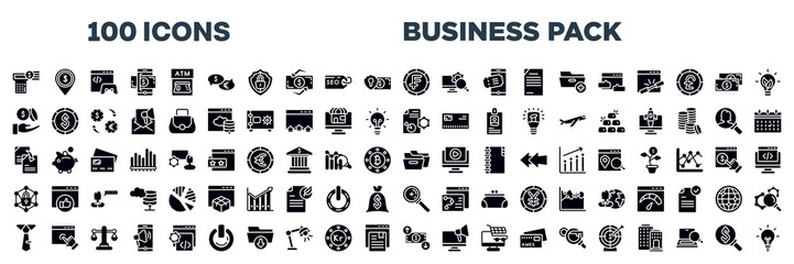 set of business pack icons in filled style. editable glyph icons collection. account balance, dollar spot, game developing, money on smartphone, atm card, talking about money stock vector.
