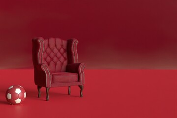 Red velvet armchair of old design on short legs with a football ball on red background. 3d rendering