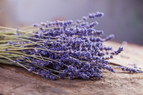 Bunch of lavender flowers on an old wood table