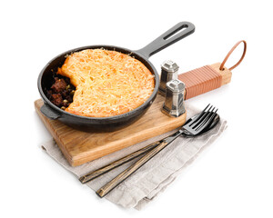 Frying pan with tasty Shepherd's pie on white background