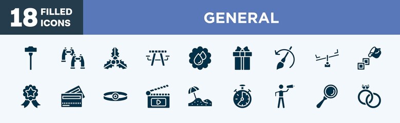 set of general icons in filled style. general editable glyph icons collection. sledgehammer, pair of binoculars, mistletoe leaves, picnic table with basket, save water badge vector.