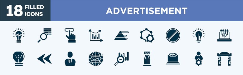set of advertisement icons in filled style. advertisement editable glyph icons collection. ecological lightbulb, data searching, subscription, analytic chart, pyramid stats vector.