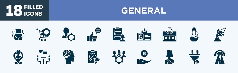 Fototapeta na wymiar set of general icons in filled style. general editable glyph icons collection. weight loss, procurement, user behavior, social campaign, profile list vector.