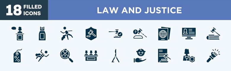 set of law and justice icons in filled style. law and justice editable glyph icons collection. witness, pepper spray, corpse, defense, veredict vector.