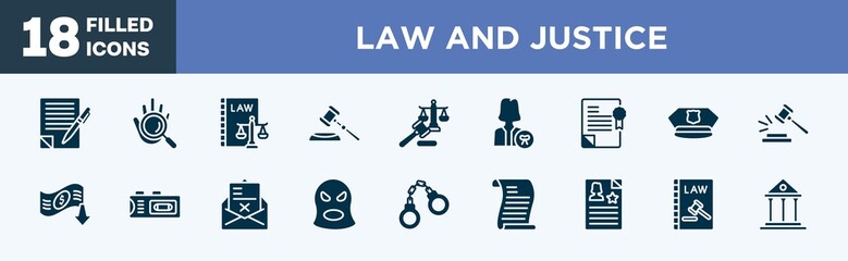 set of law and justice icons in filled style. law and justice editable glyph icons collection. wills and trusts, evidence, labour social law, gavel, justice vector.