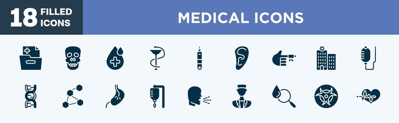 set of medical icons icons in filled style. medical icons editable glyph collection. medical results folders, human skull, drop with hospital, phary, health thermometer vector.