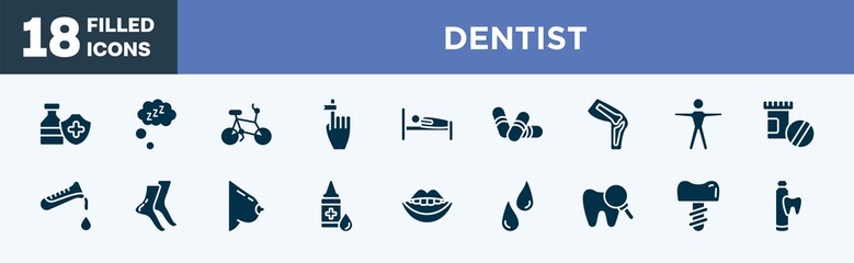 set of dentist icons in filled style. dentist editable glyph icons collection. immunity drugs, zzz sleep, bicycle healthy transport, hand finger with a ribbon, human sleeping on bed vector.