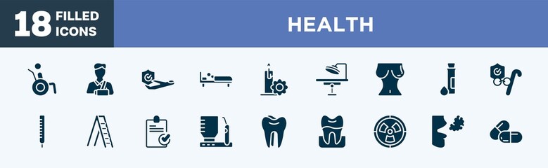 set of health icons in filled style. health editable glyph icons collection. wheelchair accesibility, broken arm, travel insurance, man in bed, candle flower vector.