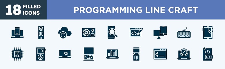 set of programming line craft icons in filled style. programming line craft editable glyph icons collection. smartphone and laptop, remote, descendant, psu, phone search vector.