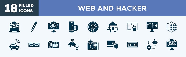 set of web and hacker icons in filled style. web and hacker editable glyph icons collection. attack, digital pen, cracker, vpn, blu ray vector.