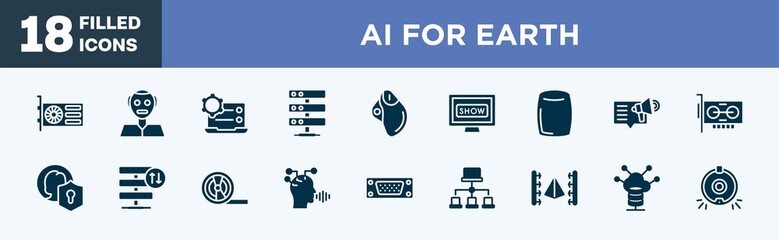 set of ai for earth icons in filled style. ai for earth editable glyph icons collection. gpu, humanoid, preferences, hosting server, trackball vector.