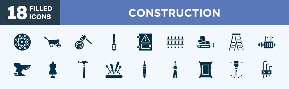 set of construction icons in filled style. construction editable glyph icons collection. beadwork, barrow, woodcutter, car key, electrical panel vector.