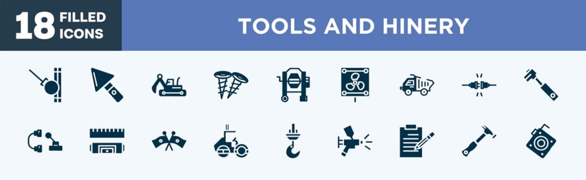 set of tools and hinery icons in filled style. tools and hinery editable glyph icons collection. demolishing ball, construction palette, excavator hine arm, two screws, concrete mixer tool vector.