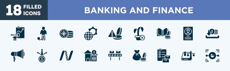 set of banking and finance icons in filled style. banking and finance editable glyph icons collection. forecast, prisoner, casino chips, official, alerts vector.