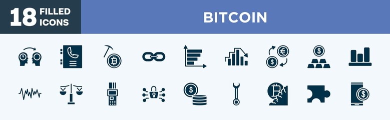Fototapeta na wymiar set of bitcoin icons in filled style. bitcoin editable glyph icons collection. mentor, phonebook, bitcoin mining, web link, bar graph vector.