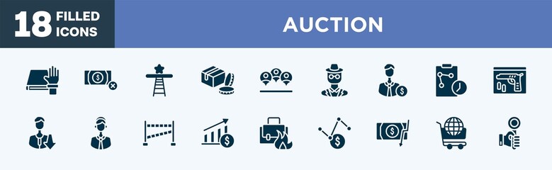 set of auction icons in filled style. auction editable glyph icons collection. oath, no money, shortcut, packages, viral vector.