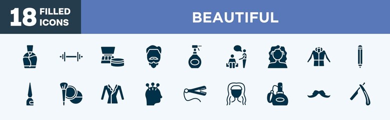 set of beautiful icons in filled style. beautiful editable glyph icons collection. small perfume bottle, weightlift, cosmetics products, man with goatbeard, hair spray bottle vector.