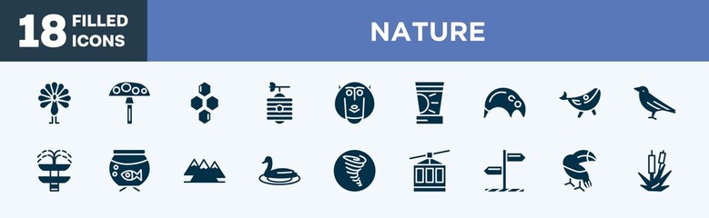 set of nature icons in filled style. nature editable glyph icons collection. peacock, amanita, hive, beehive, baboon vector.