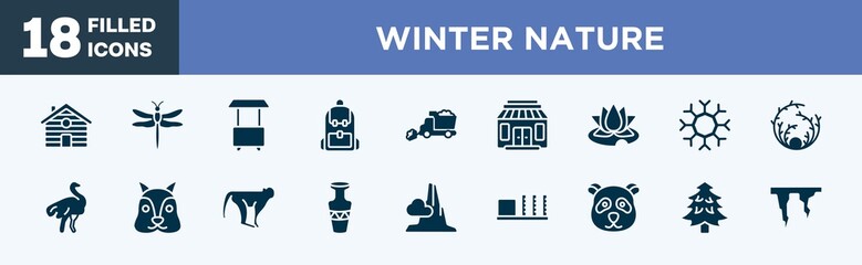 set of winter nature icons in filled style. winter nature editable glyph icons collection. cabin, dragonfly, food cart, backpack, snowplow vector.