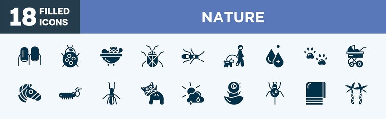 set of nature icons in filled style. nature editable glyph icons collection. nails, ladybug, cat bath, beetle, earwig vector.