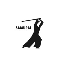 Samurai holding Katana sword simple black vector silhouette illustration.