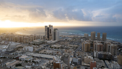 December 30, 2021: Capital of Libya, Tripoli seafront skyline view. - obrazy, fototapety, plakaty