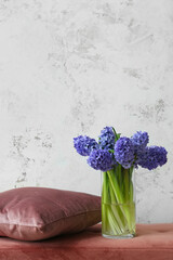 Vase with hyacinth flowers and pillow on bench near light wall