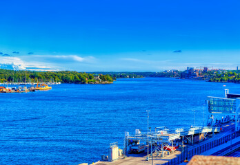 Fototapeta premium Aerial view over waterfront landscape in Stockholm, Sweden.